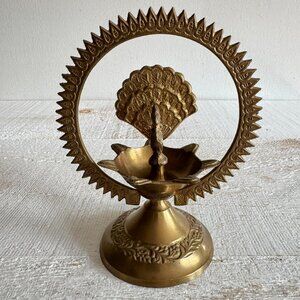 Vintage India Brass Five Wick Peacock Oil Lamp